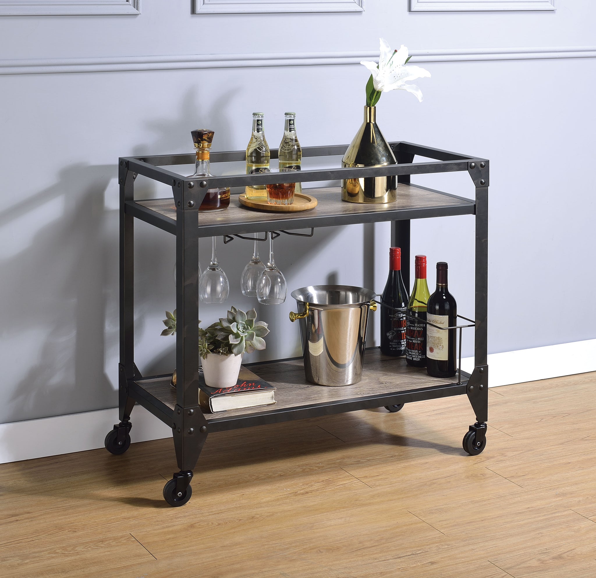 Jorgensen Rustic Oak & Charcoal Serving Cart